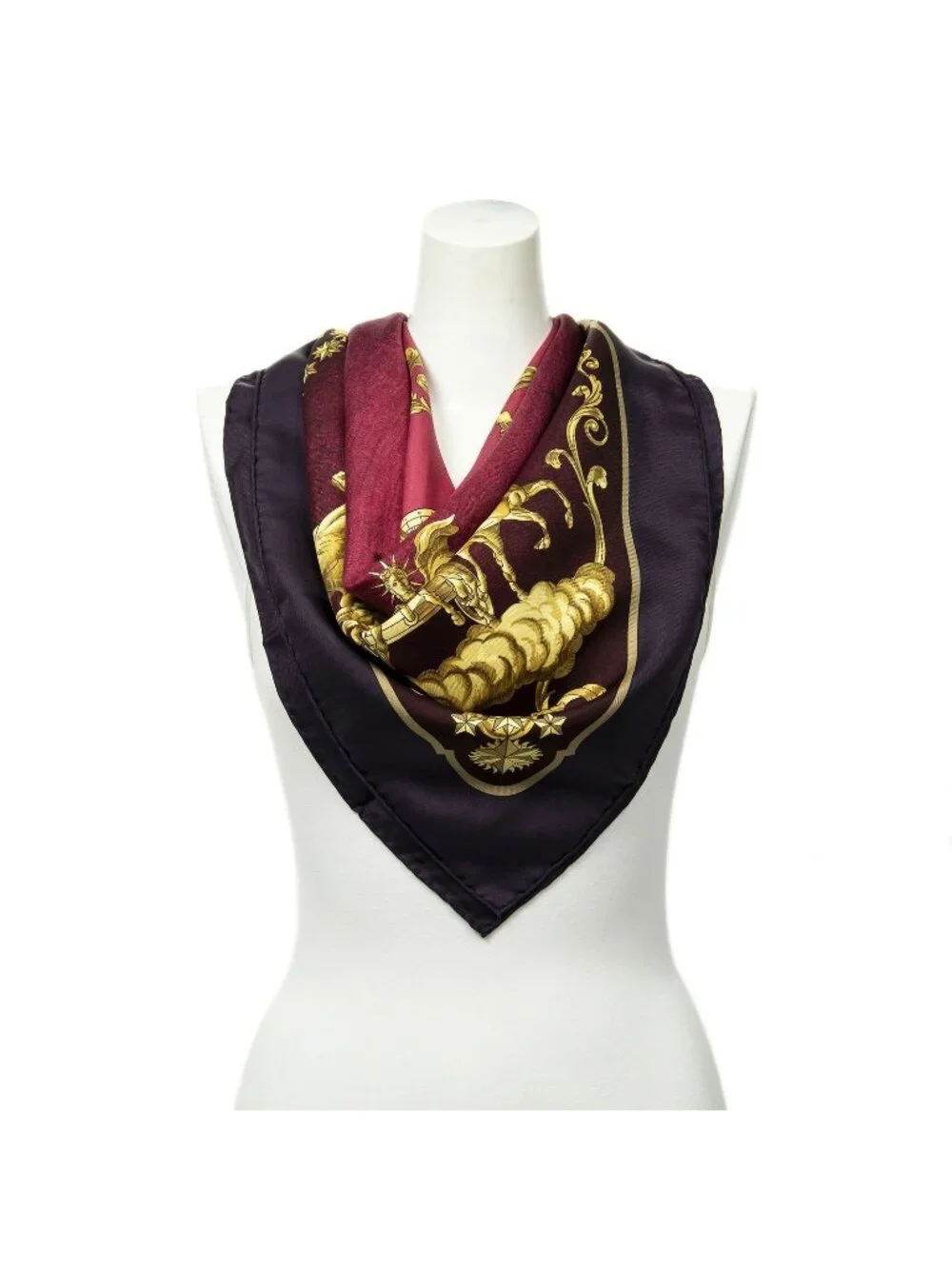 Hermes Scarf Purple Red 100% Gold Twill Silk